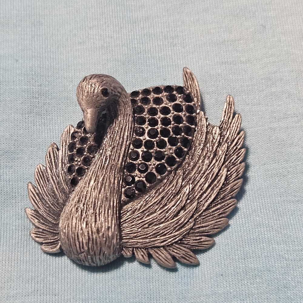 Vintage Pewter Silver and Black Jeweled Swan Brooch Apprx 2"x2" Solid Piece